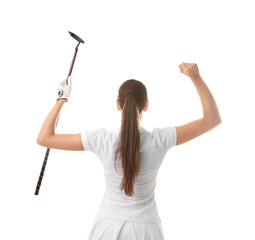 Canvas Print - Beautiful young woman with golf iron rejoicing over victory on white background