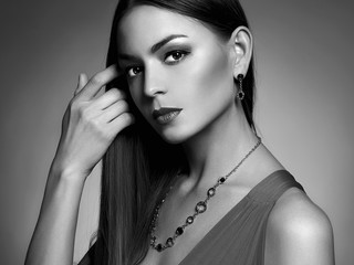 Wall Mural - black and white portrait of woman in jewelry
