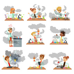 Sticker - Kid chemists characters posing in different situations looking dirty after failed chemical experiments set of vector Illustrations