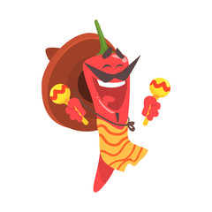 Sticker - Funny cartoon red pepper character wearing sombrero and poncho shaking maracas, mexican traditional humanized food in traditional clothes playing music vector Illustration