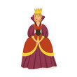 Majestic queen in purple dress and gold crown, fairytale or European medieval character colorful vector Illustration