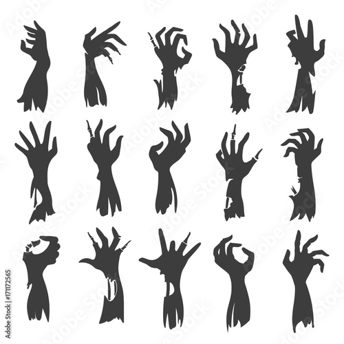 Undead zombie hand silhouettes isolated on white background. Dead hands