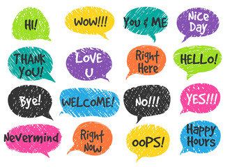 Wall Mural - hand drawn scrapbooking speech bubbles vector illustration. sketch scribble speak bubble box set scr