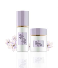 Wall Mural - Cream and Lotion Cosmetics set Vector realistic mock up. Purple package Hydration cream bottle. Perfect for advertising, flyer, banner, poster. 3d illustration