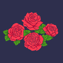 Embroidery With Red Roses On Bllu Jiens Background