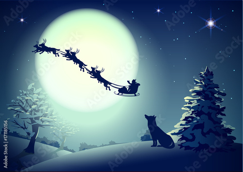 Fototapeta Santa in night sky against background of full moon