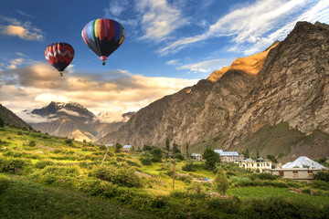 Hot balloon air over Jispa town, Lahaul valley, Himachal Pradesh, India.