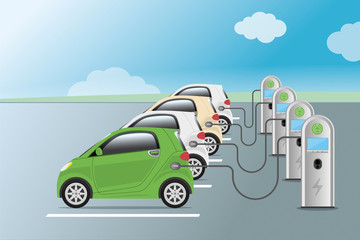 Power supply for electric car charging. Electric car charging station. Hybrid Vehicle, Eco friendly auto or electric vehicle concept.