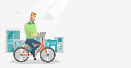 Poster - Young caucasian businessman working on a laptop while riding a bicycle. Hipster man riding a bicycle to work. Businessman riding a bicycle in the city. Vector cartoon illustration. Horizontal layout.