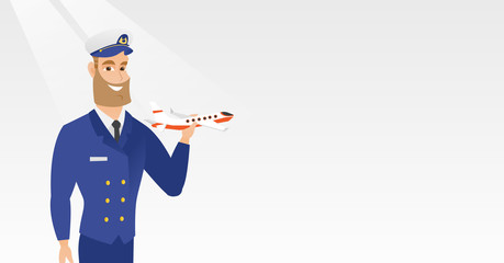 Poster - Young caucasian airline pilot holding the model of airplane in hand. Cheerful hipster airline pilot in uniform. Smiling pilot with the model of airplane. Vector cartoon illustration. Horizontal layout