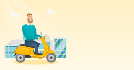 Wall Mural - Young caucasian man riding a scooter outdoor. Smiling hipster man with beard traveling on a scooter in the city. Man enjoying his trip on a scooter. Vector cartoon illustration. Horizontal layout.