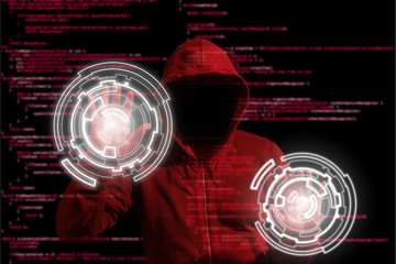 Wall Mural - Red hooded hacker infiltrating a computer by circular controls