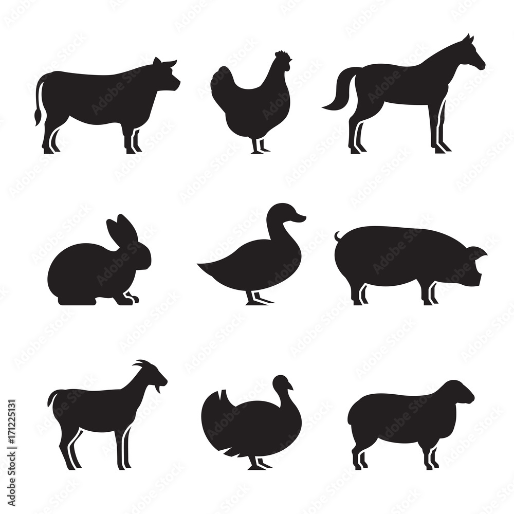 Farm animals silhouettes icons set Stock Vector | Adobe Stock