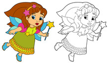 Cartoon Colorful Fairy Flying Holding Wand - Isolated Coloring Page - Illustration For Children