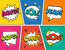 Retro Comic Speech Bubbles Set On Colorful Background. Expression Text LOL, OMG, WOW, YEAH, OOPS, BANG. Vector Illustration, Vintage Design, Pop Art Style.
