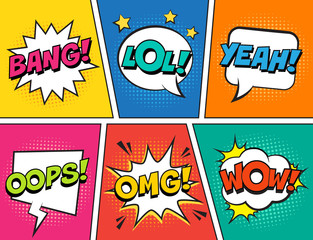 Wall Mural - retro comic speech bubbles set on colorful background. expression text lol, omg, wow, yeah, oops, ba