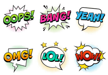 Wall Mural - retro comic speech bubbles set with colorful halftone shadows on white background. expression text l