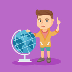 Sticker - Little caucasian boy standing near the globe and pointing finger up. Full length of a young schoolboy with a globe model. Vector sketch cartoon illustration. Square layout.