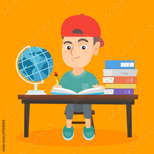 Little Caucasian Boy Sitting At The Desk In School Classroom And Writing In Notebook Young Boy Doing His School Homework While Sitting At The Desk Vector Sketch Cartoon Illustration Square Layout Stock