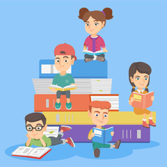 Wall Mural - Caucasian kids reading books together. Smiling children sitting on the stack of multicolor books and enjoying reading. Kids reading for pleasure. Vector sketch cartoon illustration. Square layout.