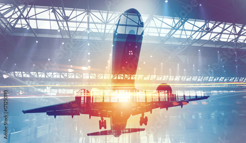 take-off-of-an-aircraft-with-double-exposure-of-airport