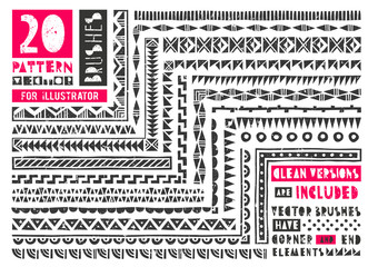 Wall Mural - set of 20 pattern brushes for illustrator. seamless borders collection in linocut style includes cle