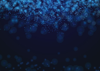 Wall Mural - dark blue light abstract glittering bokeh background. festive new year card layout template