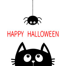 Happy Halloween. Black Cat Face Head Silhouette Looking Up To Hanging On Dash Line Web Spider Insect. Cute Cartoon Character. Baby Pet Animal Collection. Flat Design White Background.