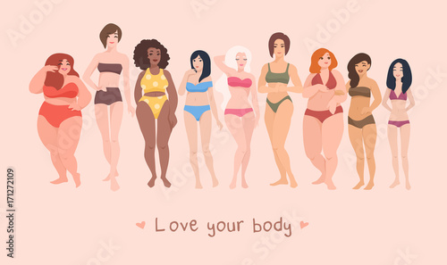 Cuadros en Lienzo Multiracial women of different height, figure type and size dressed in swimsuits standing in row