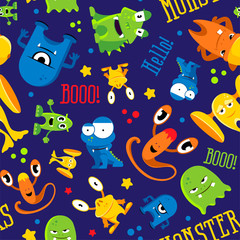 Wall Mural - seamless cute pattern made with monsters, bubbles and words hello, monster