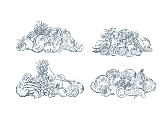 Wall Mural - vector hand sketched fruits and vegetables piles set isolated on white background