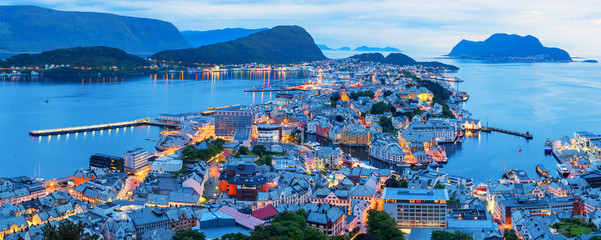 Colorful sunset in Alesund port town