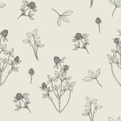 Poster - Beautiful floral seamless pattern with red clover on light background. Meadow flowers and leaves hand drawn in retro style. Vector black and white illustration.