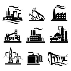 icons collection of different power plants and factories, industry symbols