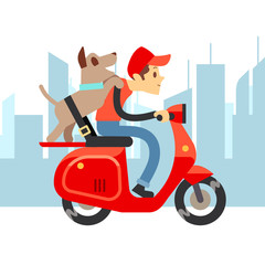 Sticker - Travel with pets - young man on moto with dog and city landscape