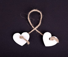 Two White Hearts Together Bound With Rope, Concept Of Love And Marriage