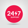 © Bordo - 24 hours / 7 days per week. Support Online Service vector Red Circle Design Element. Vector Sticker of online 24/7 support service, can be used in logo, UI and web design symbol.