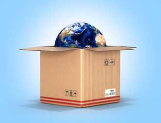 Concept of delivery and shopping Earth in a cardboard box on blue gradient background 3d