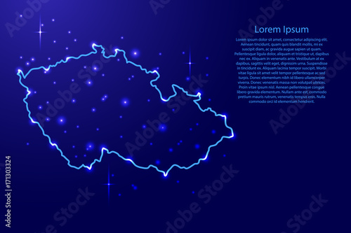 Fotomural Map Czech Republic from the contours network blue, luminous space stars of vecto