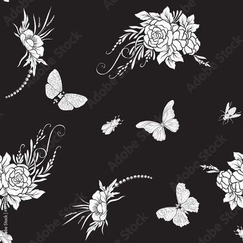 Floral Seamless Pattern With Butterflies And Bees In Realistic