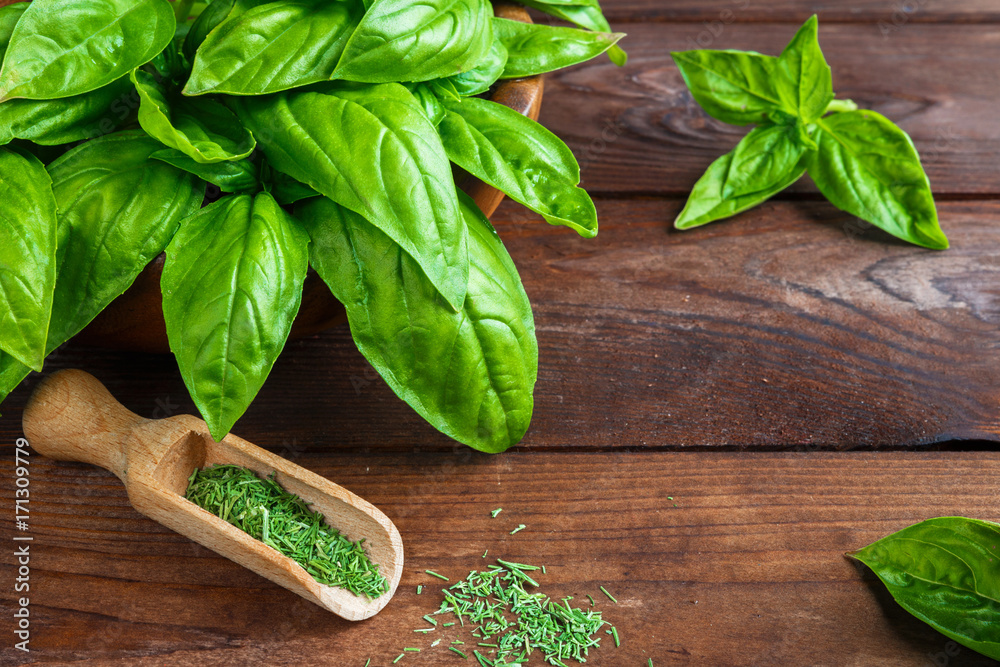 Fresh juicy aromatic herb basil and inflorescence in a pattern on a wooden background with copy space in a rustic style - obrazy, fototapety, plakaty 