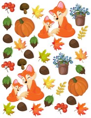 Wall Mural - Autumn pattern fox, pumpkin and forrest nuts Vector