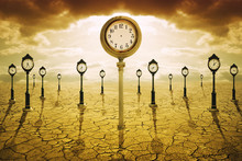 Time After Death Concept. Clock With No Hands Among Many Other Showing Different Times
