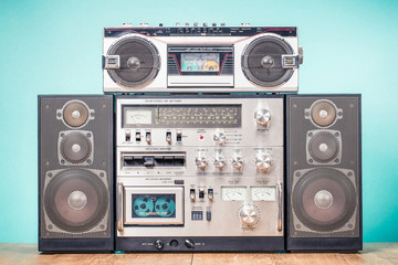 Wall Mural - retro outdated hi fi stereo boom box system and radio cassette tape recorder from 80s front mint gre