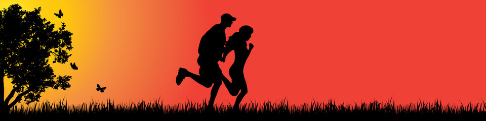 Sticker - Vector silhouette of couple who run in nature at sunset.