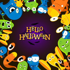 Canvas Print - Cute cartoon halloween background with funny monsters. Vector illustration