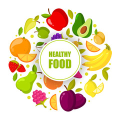 Poster - Vector organic fruits frame isolated. Banner with natural healthy food illustration