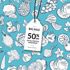 Wall Mural - Vector doodle handdrawn fruits and vegetables vegan, healthy food sale background with hanging sale tag