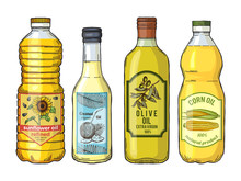 Labels For Different Oils. Sunflower, Olive, Corn And Coconut. Vector Pictures Set