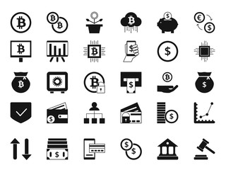 Canvas Print - Coins, bitcoin, digital money and other symbols of finance. Vector silhouette set of business icons